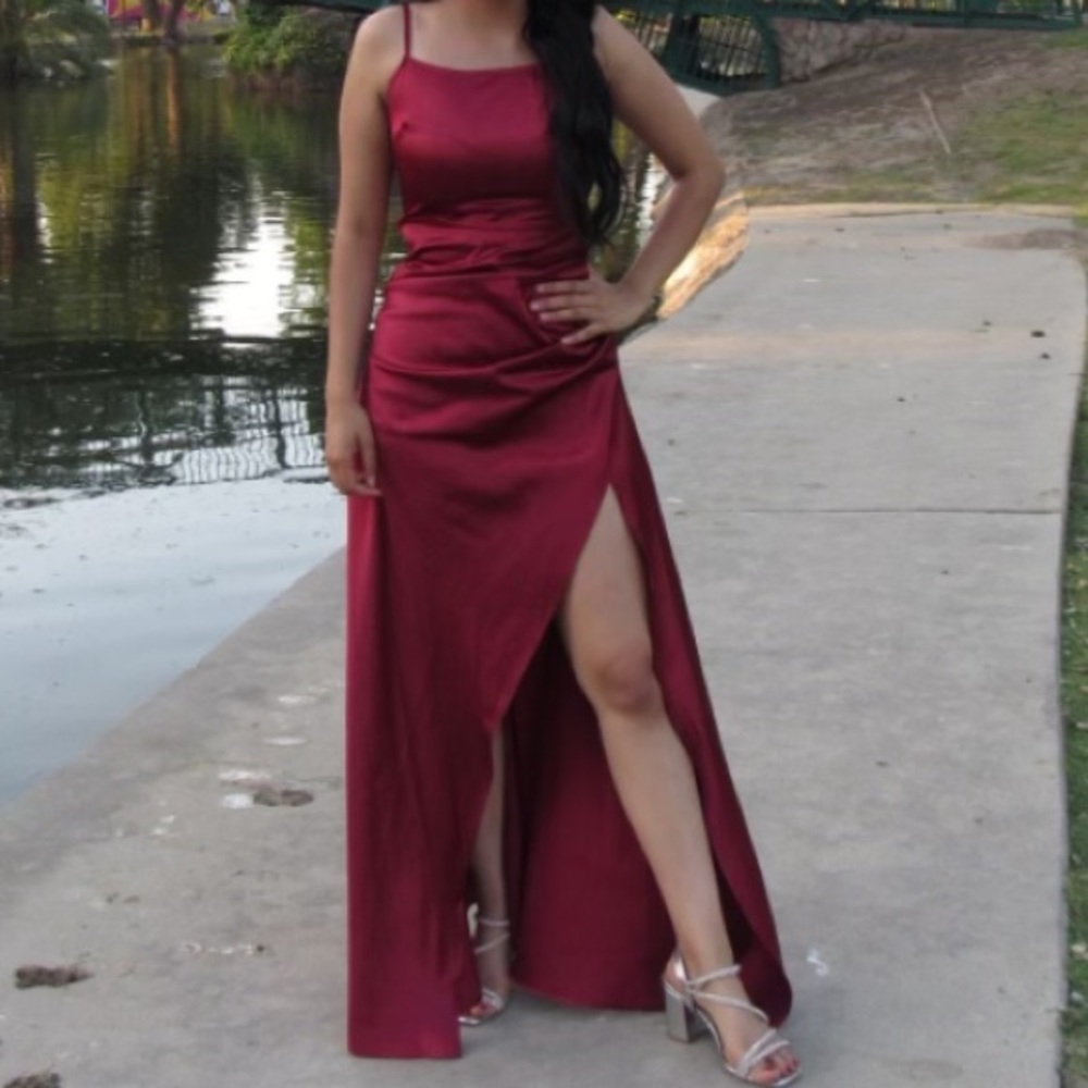 SHEIN Belle Burgundy Red Tie Backless Split Thigh Dress,